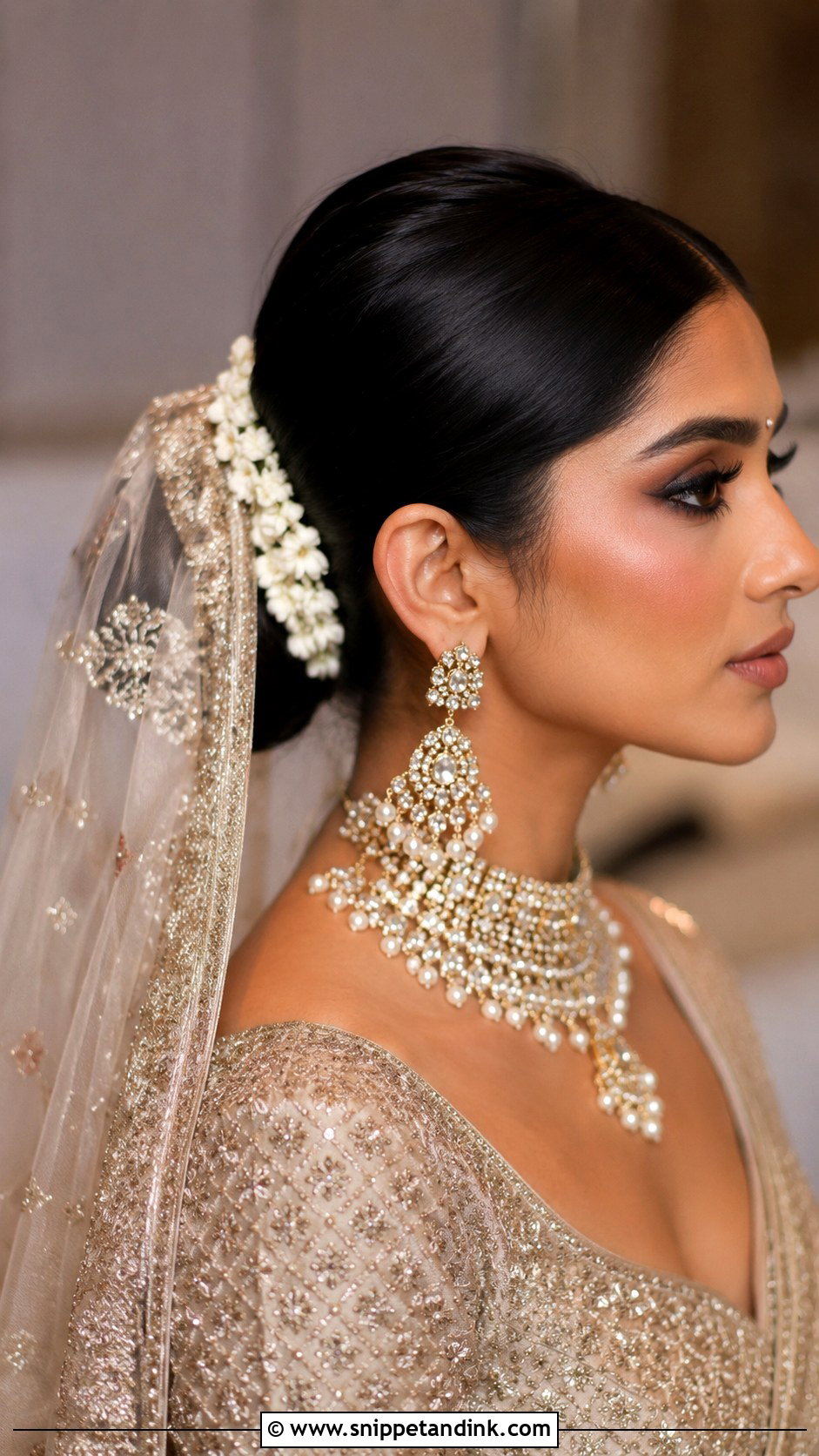 Sleek Bun With Dupatta - Snippet and Ink - 15 Sleek Bun Indian Wedding Ideas