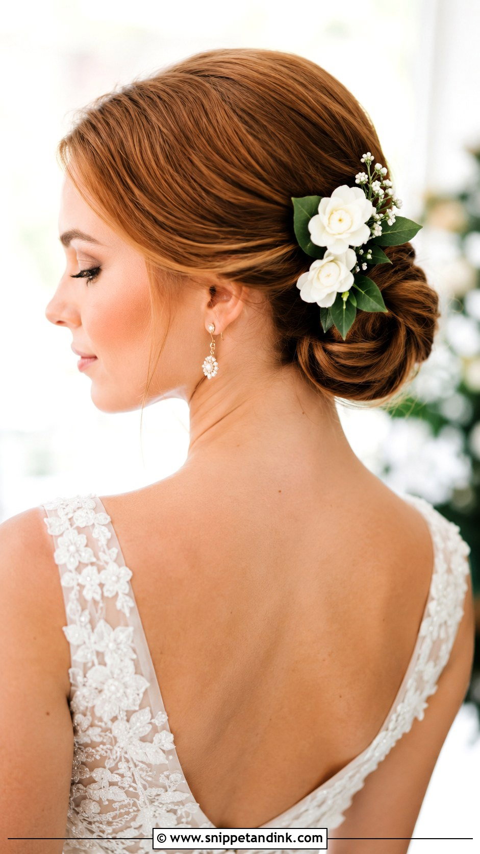 Sleek Bun With Floral Accent - Snippet and Ink - 25 Sleek Wedding Hair Ideas
