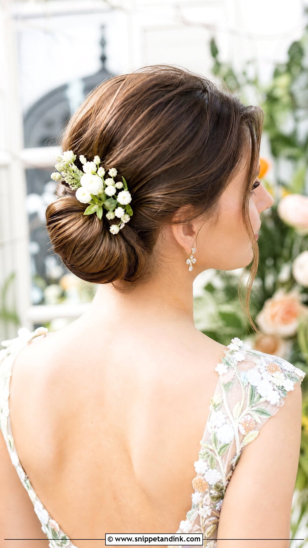 Sleek Bun With Floral Accents - Snippet and Ink - 20 Sleek Wedding Updo Ideas