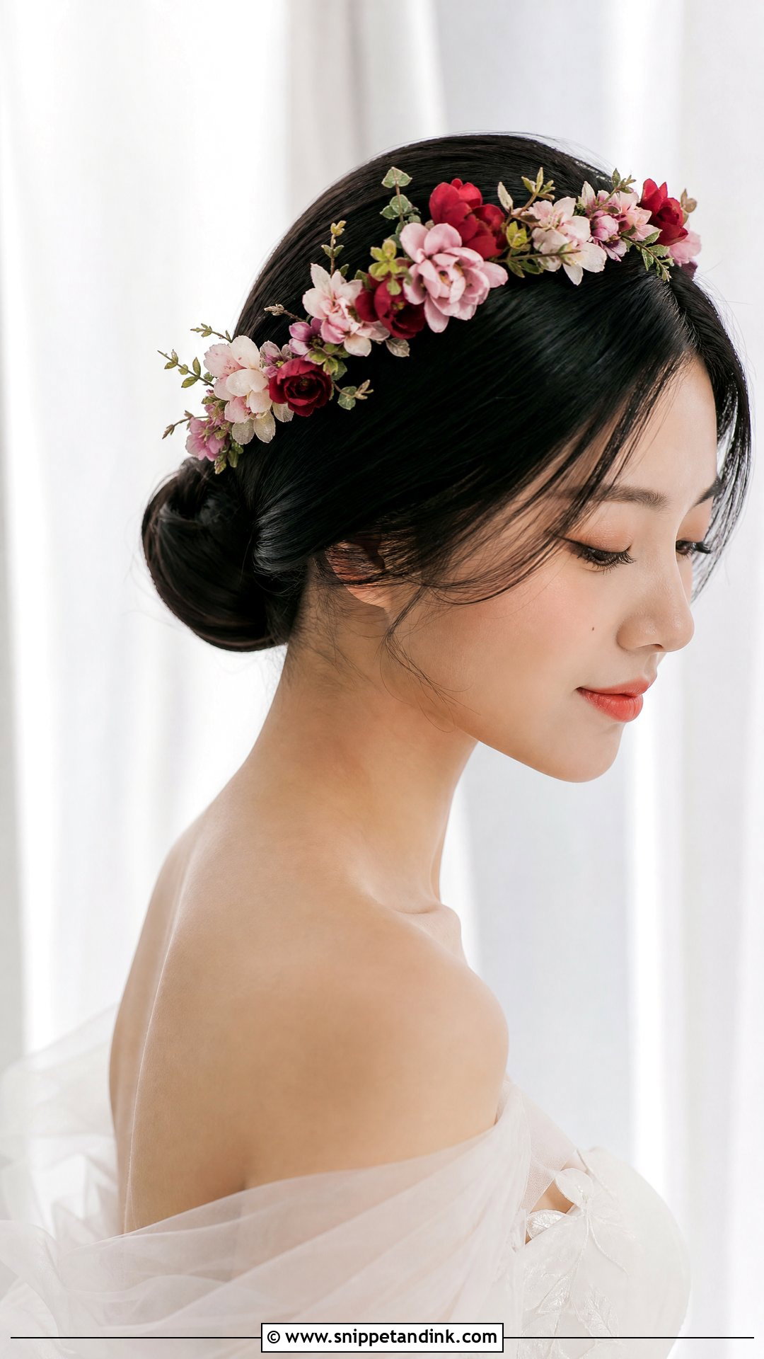 Sleek Bun With Floral Crown - Snippet and Ink - 20 Chinese Wedding Hairstyles