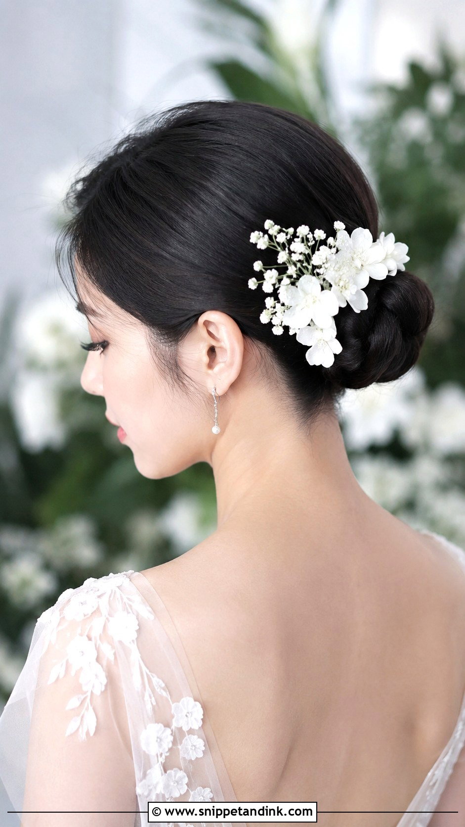 Sleek Bun With Floral Hairpiece - Snippet and Ink - 20 Wedding Hairstyles Dark Hair