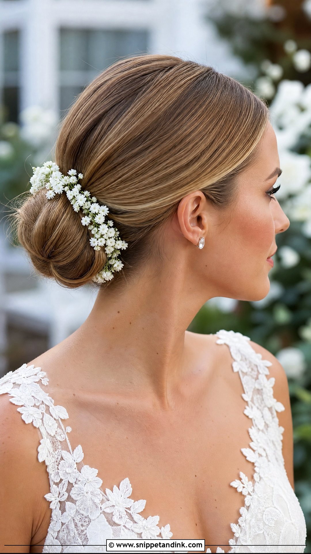 Sleek Bun With Flowers - Snippet and Ink - 20 Sleek Bun Bridal Hair Ideas