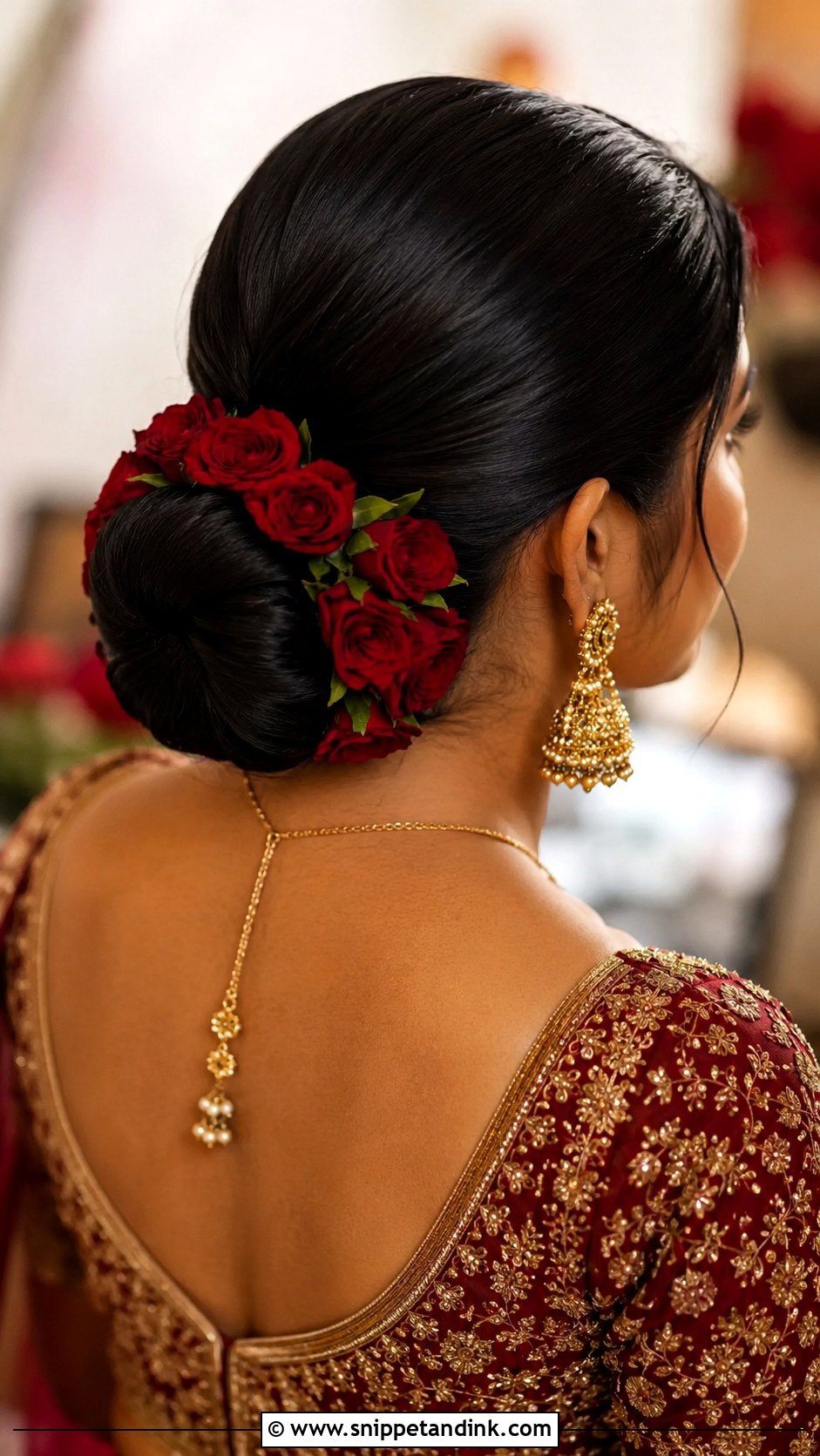 Sleek Bun With Fresh Roses - Snippet and Ink - 15 Sleek Bun Indian Wedding Ideas