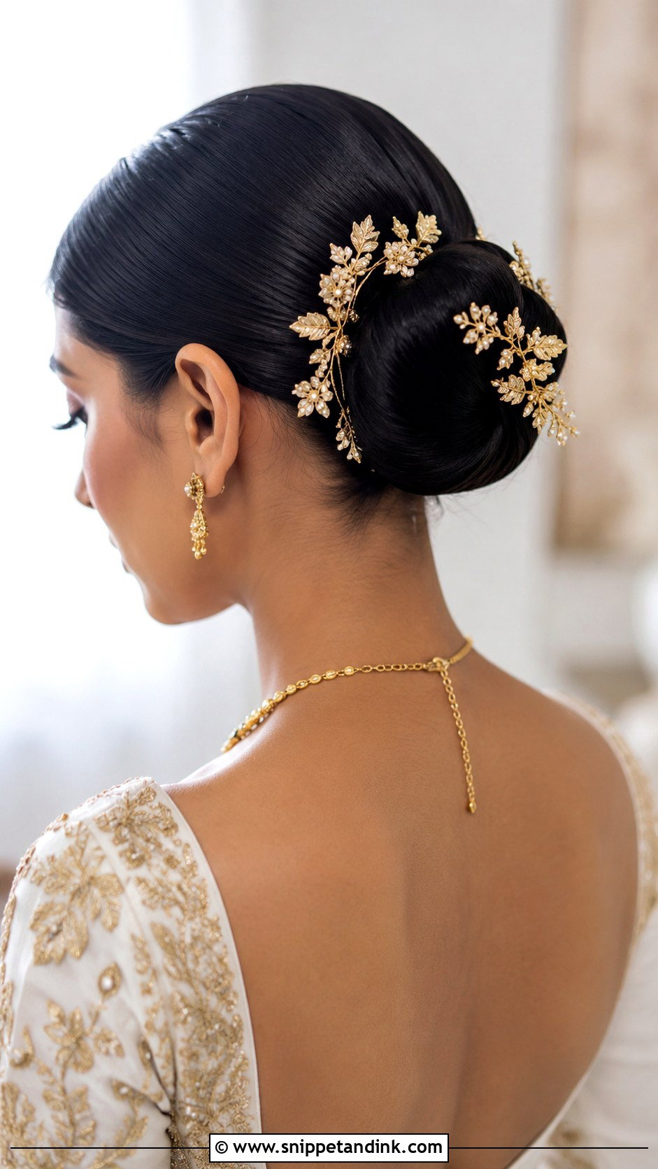 Sleek Bun With Gold Accents - Snippet and Ink - 20 Cute Bun Hairstyles for Wedding