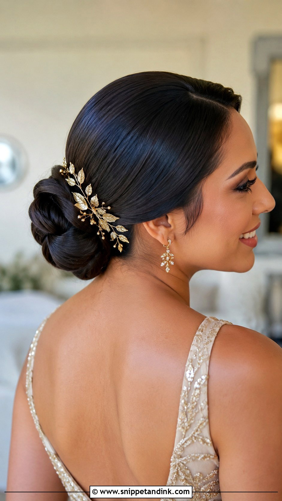 Sleek Bun With Gold Accessories - Snippet and Ink - 25 Sleek Bun Wedding Hair Ideas