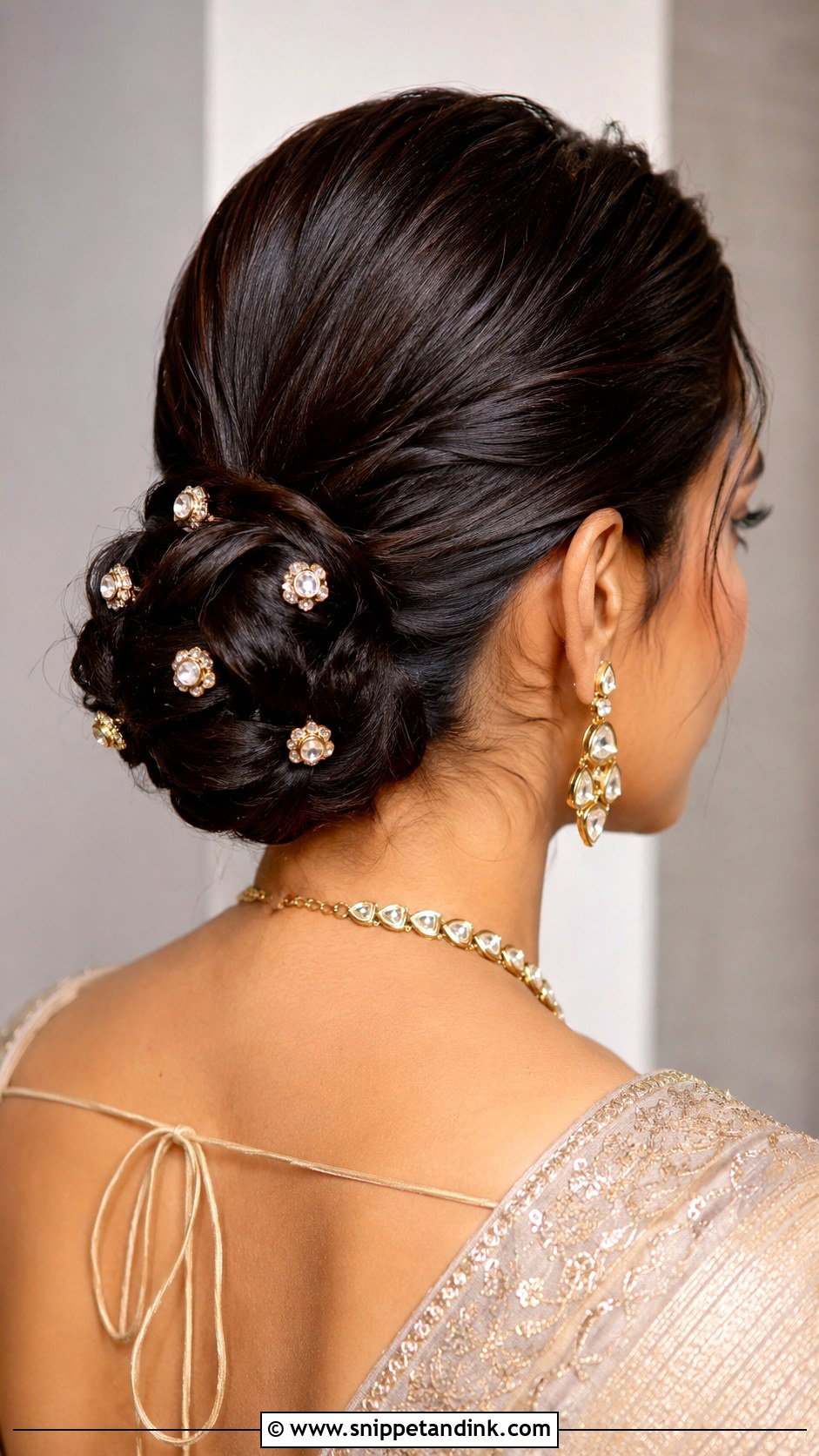 Sleek Bun With Kundan Pins - Snippet and Ink - 15 Sleek Bun Indian Wedding Ideas