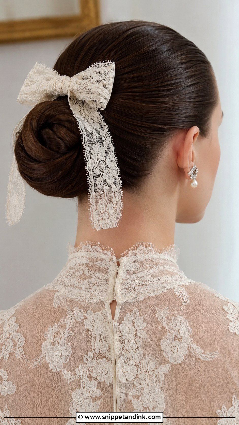 Sleek Bun With Lace Bow - Snippet and Ink - 25 Wedding Hair Bow Ideas