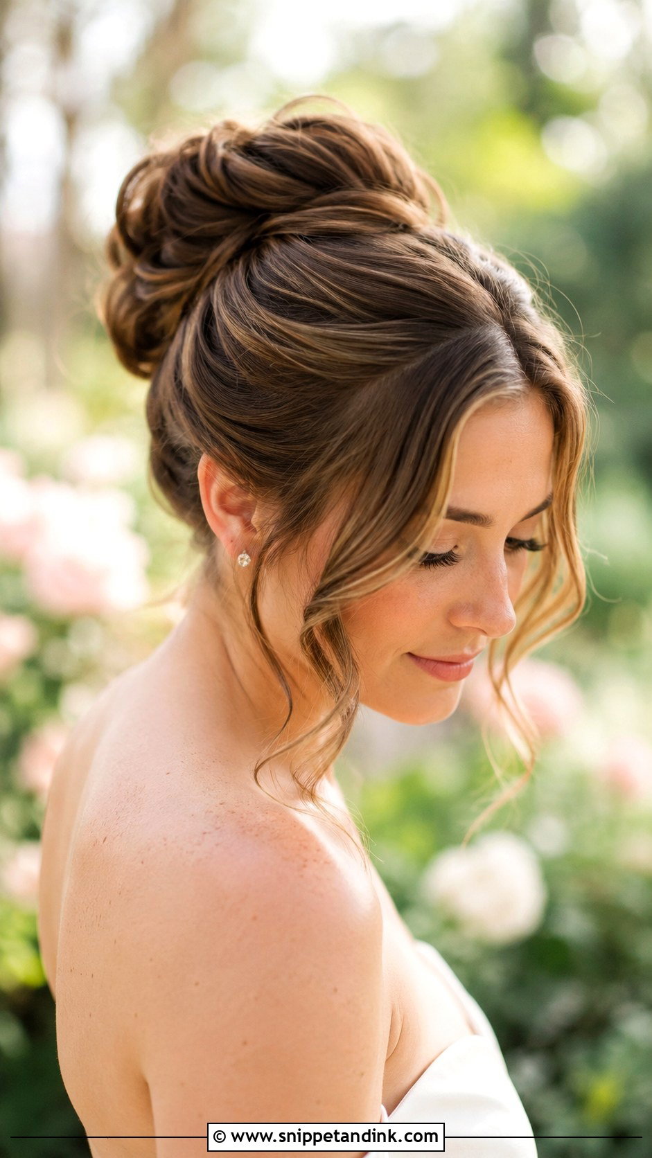 Sleek Bun With Loose Curls Around Face - Snippet and Ink - 25 Sleek Bun Wedding Hair Ideas