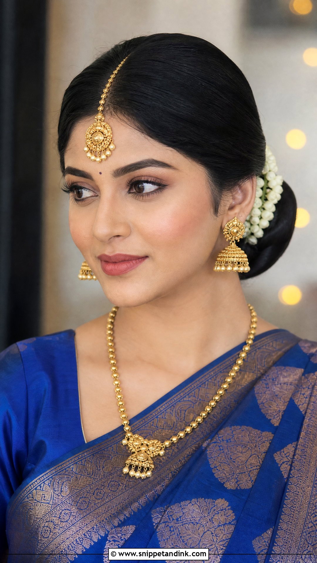 Sleek Bun With Maang Tikka - Snippet and Ink - 20 Bridal Muhurtham Hairstyle Ideas