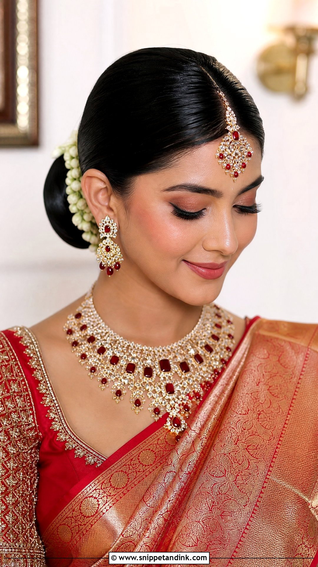 Sleek Bun With Maang Tikka - Snippet and Ink - 20 Desi Wedding Hairstyles for Long Hair