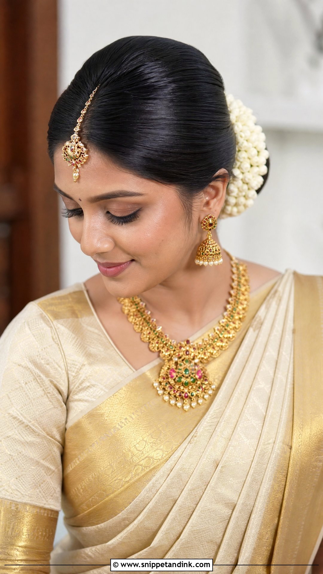 Sleek Bun With Maang Tikka - Snippet and Ink - 20 South Indian Wedding Hairstyles for Short Hair