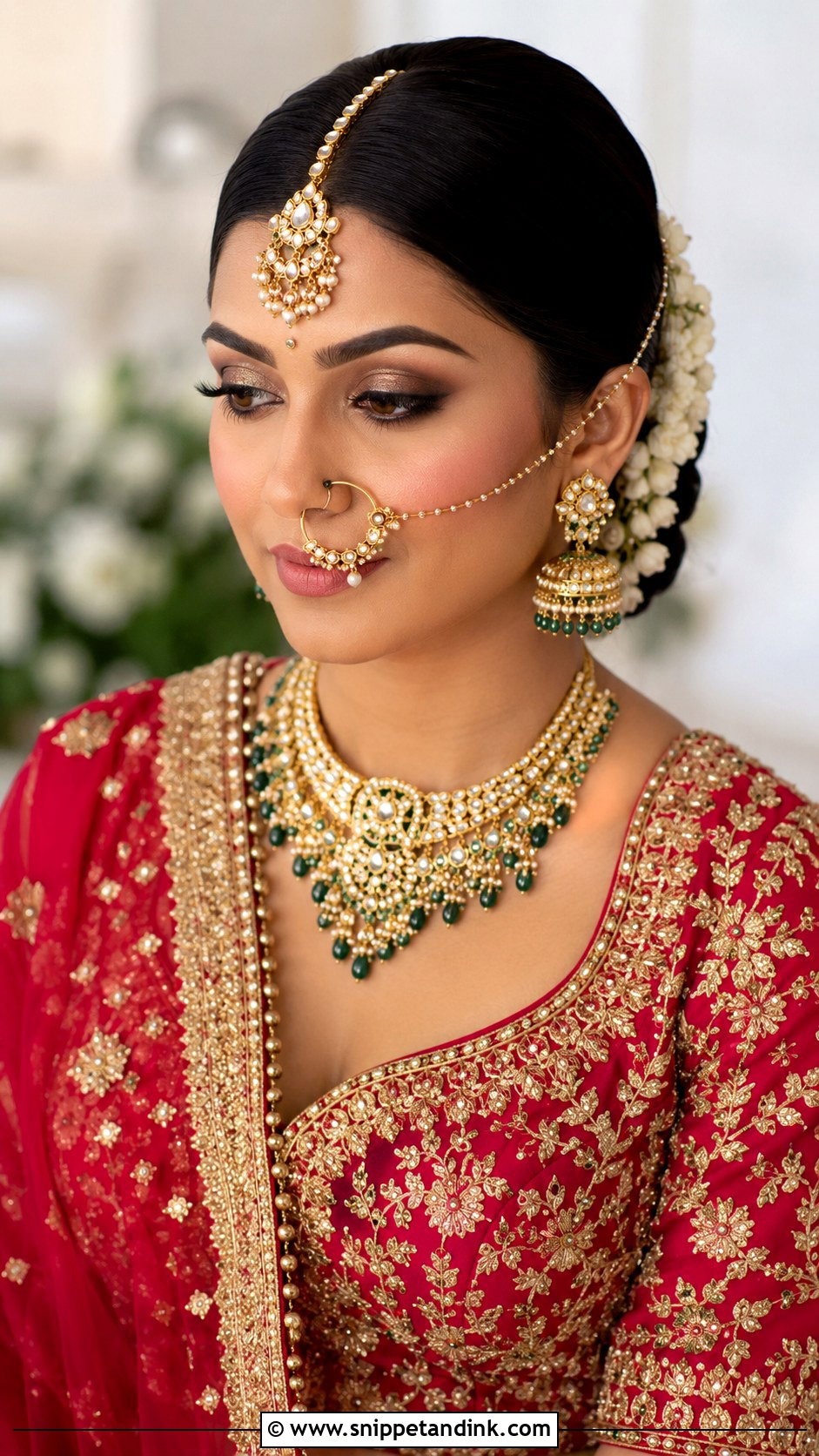 Sleek Bun With Maang Tikka and Nath - Snippet and Ink - 25 Traditional Indian Weddings Bridal Hairstyles