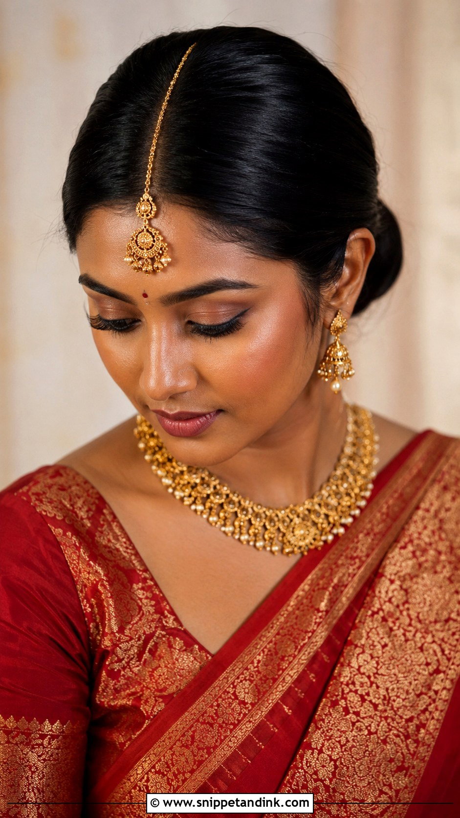 Sleek Bun With Maang Tikka - Snippet and Ink - 15 Sleek Bun Indian Wedding Ideas
