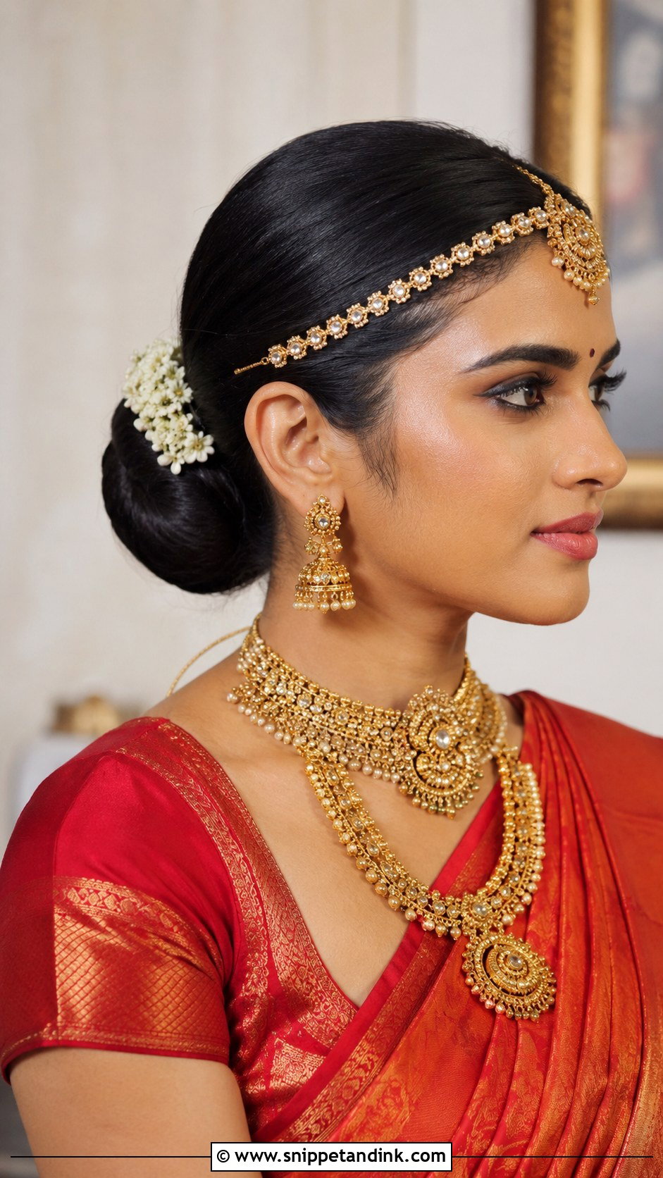 Sleek Bun With Matha Patti - Snippet and Ink - 35 South Indian Wedding Hairstyles