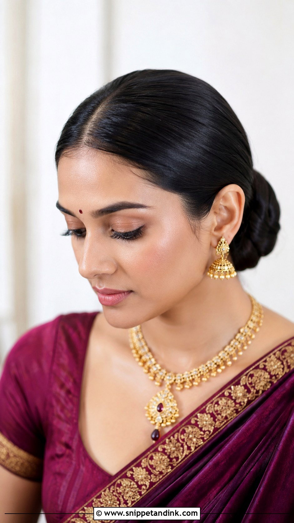 Sleek Bun With Middle Part For Indian Wedding - Snippet and Ink - 15 Indian Wedding Hairstyles for Mom