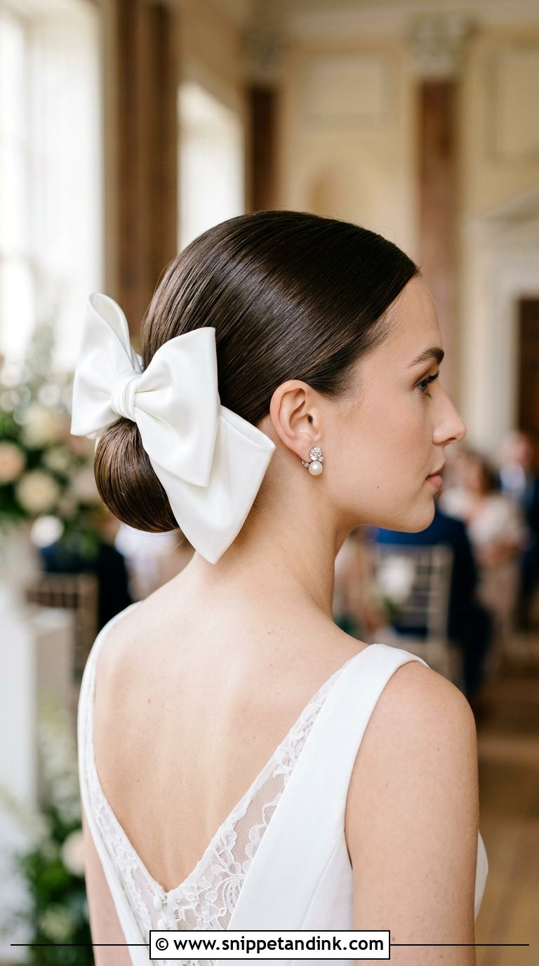 Sleek Bun With Oversized Bow - Snippet and Ink - 20 Bridal Hair with Bow Ideas