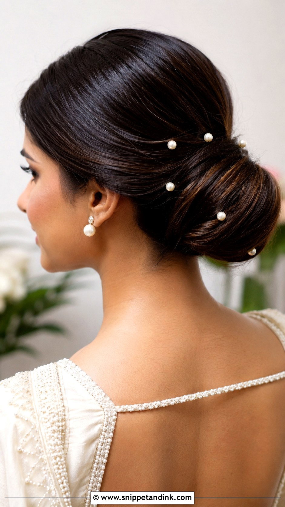 Sleek Bun With Pearl Accessories - Snippet and Ink - 15 Sleek Bun Indian Wedding Ideas