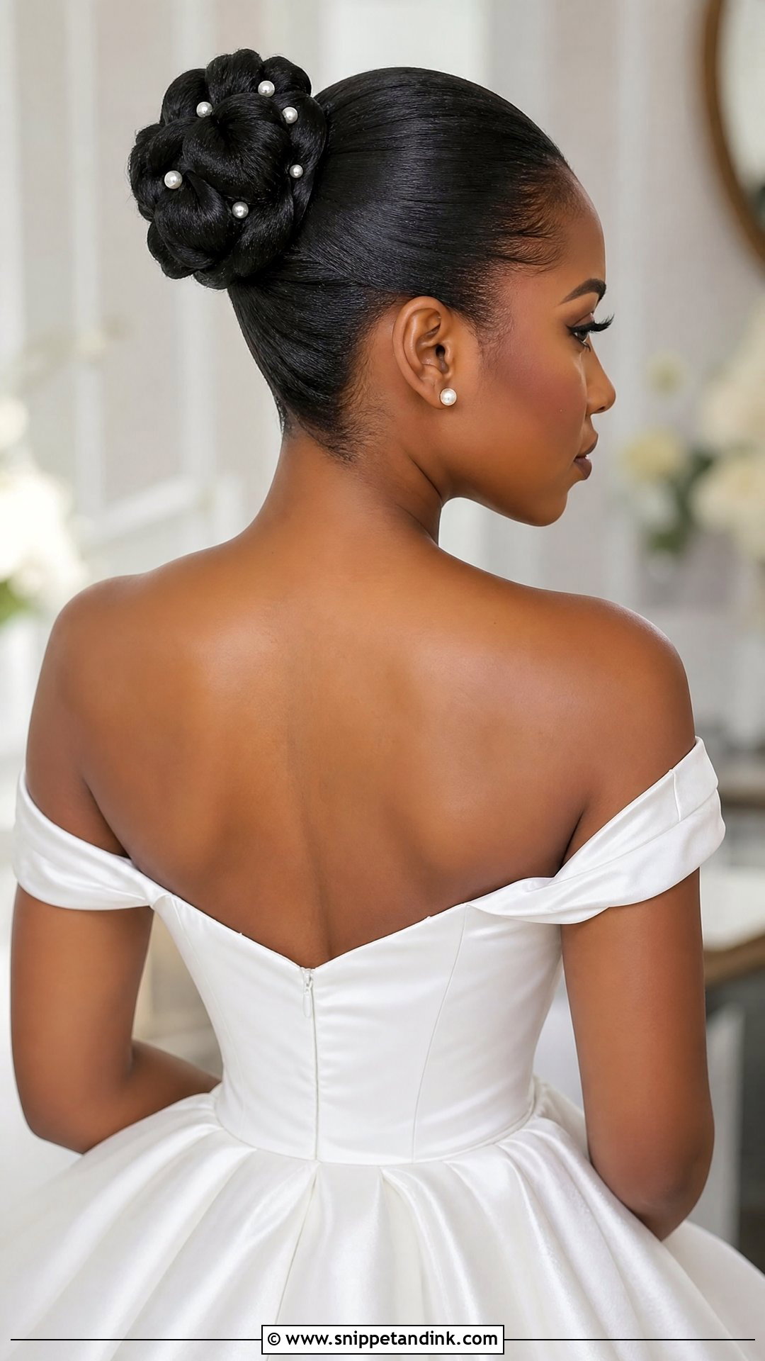 Sleek Bun With Pearl Hair Accessories - Snippet and Ink - 20 Wedding Bun Hairstyles for Black Women