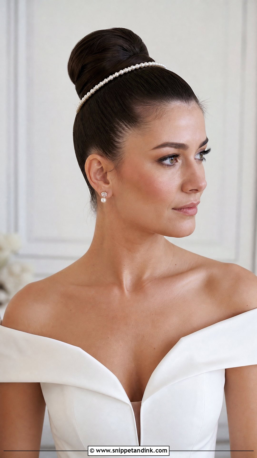Sleek Bun With Pearl Hairband - Snippet and Ink - 20 Pearl Wedding Hairstyles