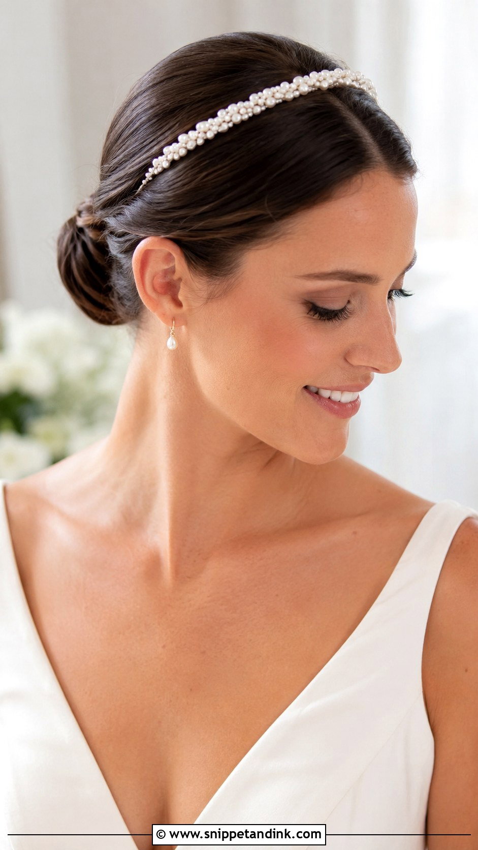 Sleek Bun With Pearl Headband - Snippet and Ink - 25 Hailey Bieber Wedding Hair Ideas