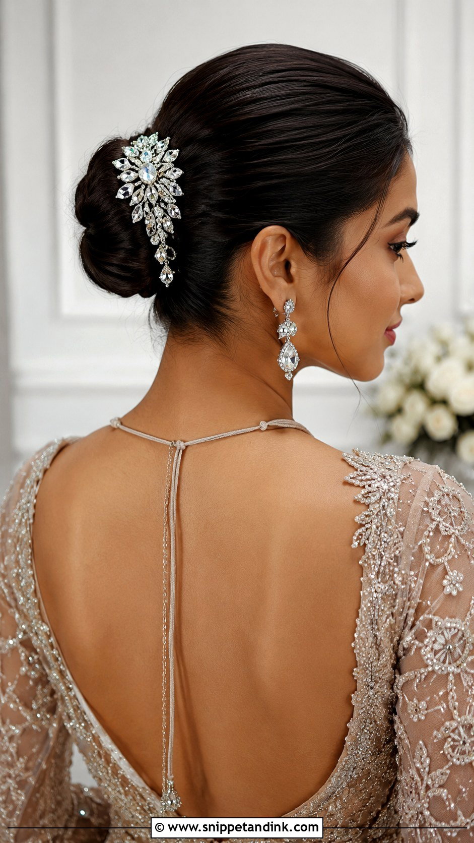 Sleek Bun With Statement Hair Accessory - Snippet and Ink - 25 Indian Wedding Bun Hairstyles