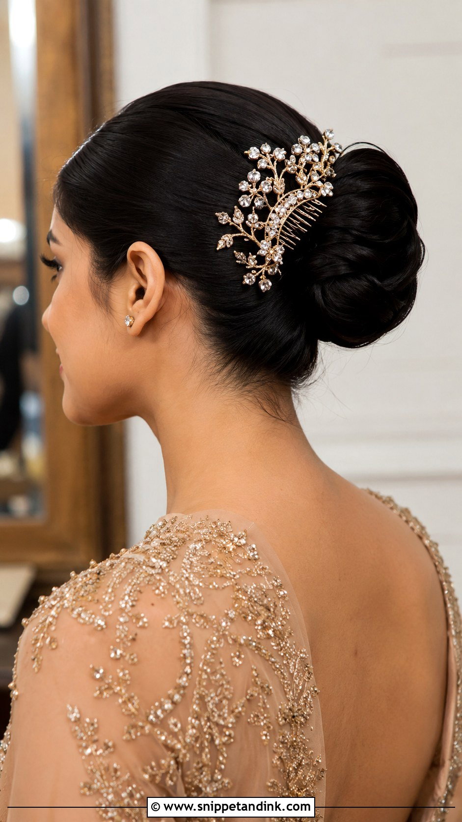 Sleek Bun With Statement Hair Accessory - Snippet and Ink - 20 Desi Bridal Hair Ideas