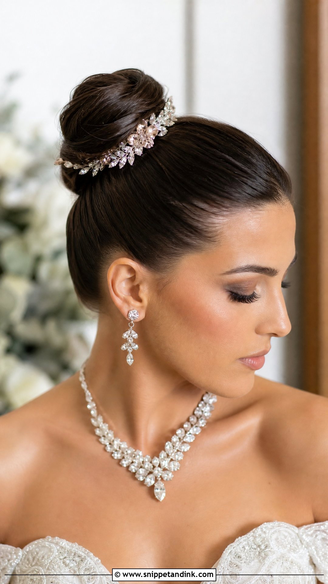 Sleek Bun With Statement Hairpiece - Snippet and Ink - 20 Bride Bun Hairstyle Ideas