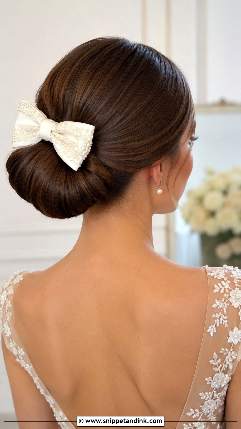Sleek Bun With a Pearl Bow - Snippet and Ink - 20 Wedding Hair with Bow Ideas
