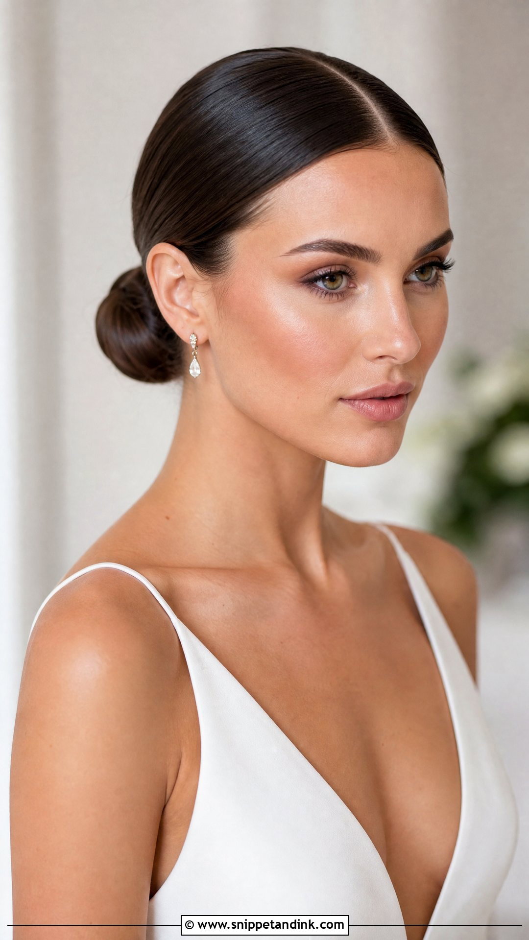 Sleek Bun with Center Part Wedding Hairstyle for Brown Hair - Snippet and Ink - 20 Wedding Hairstyles Brown Hair