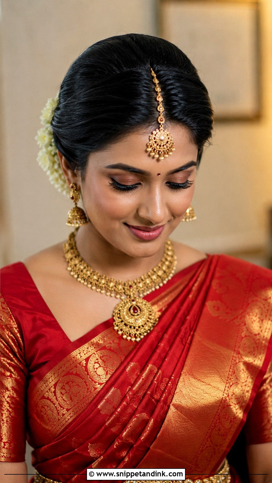 Sleek Bun with Maang Tikka - Snippet and Ink - 25 South Indian Bride Muhurtham Hairstyle Ideas