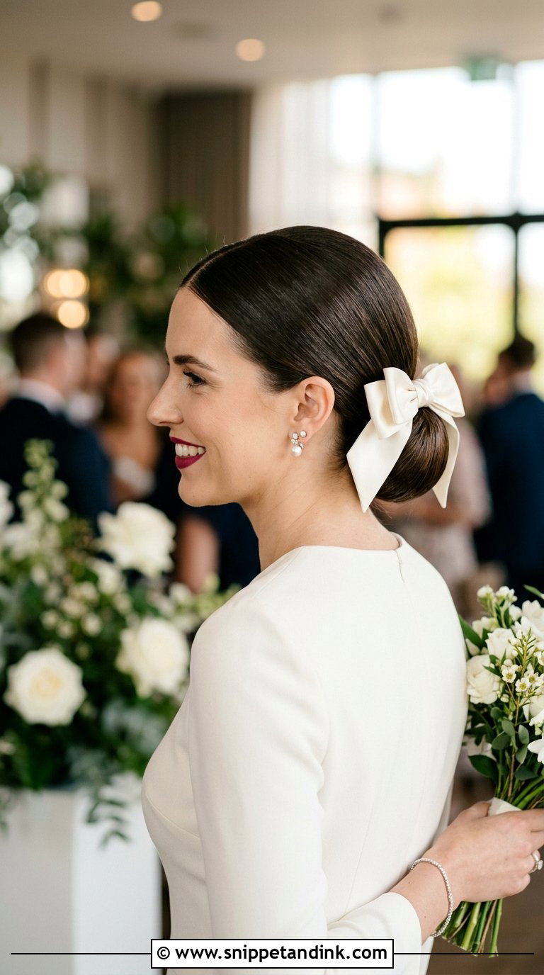 Sleek Center Part Bun With Bow - Snippet and Ink - 20 Bridal Hair with Bow Ideas