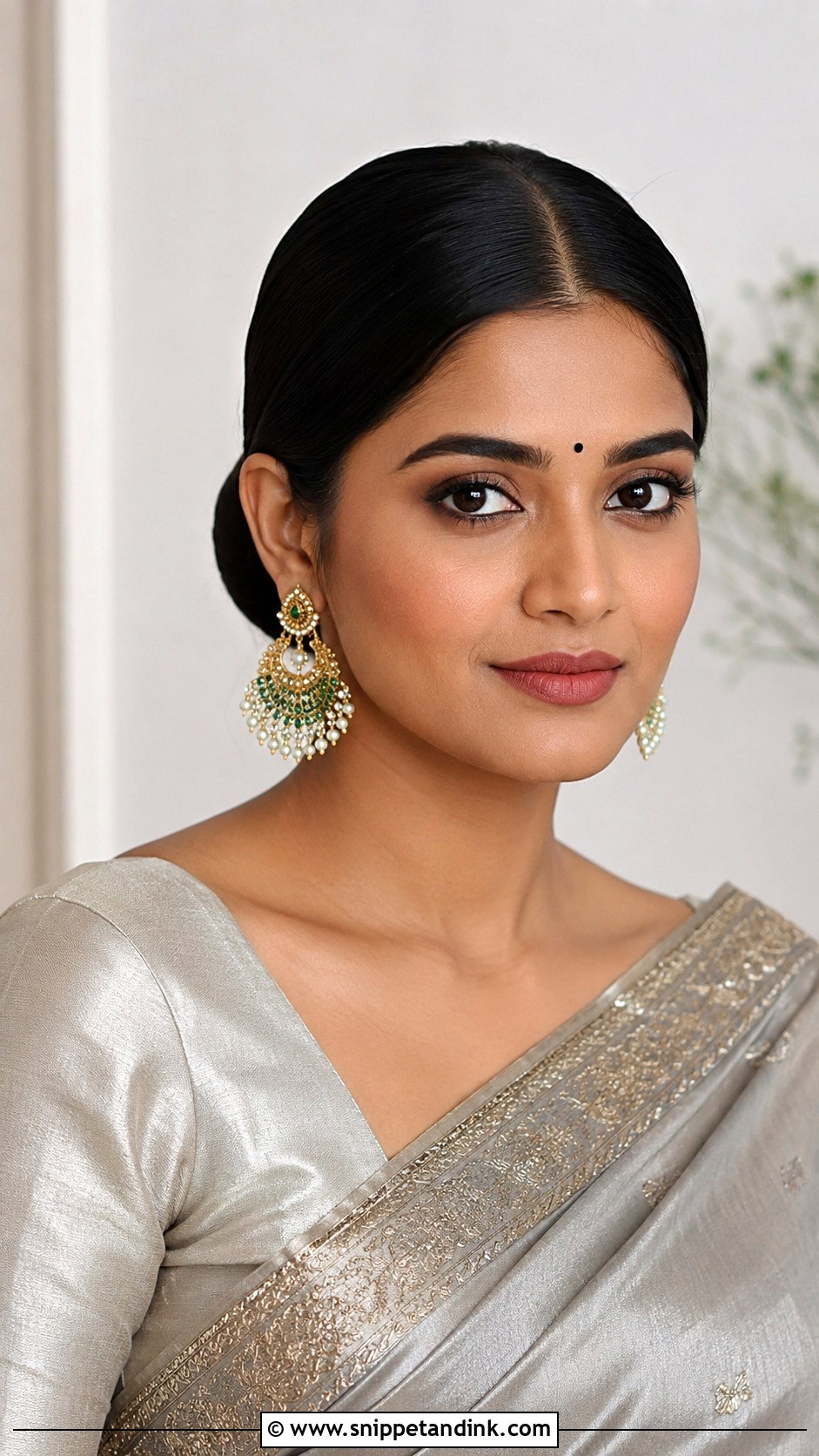 Sleek Center Part Bun for Silk Saree - Snippet and Ink - 20 Indian Non Bridal Hairstyles