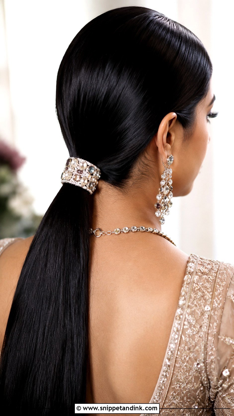 Sleek Center Part Low Ponytail - Snippet and Ink - 25 Trendy Indian Wedding Hairstyles