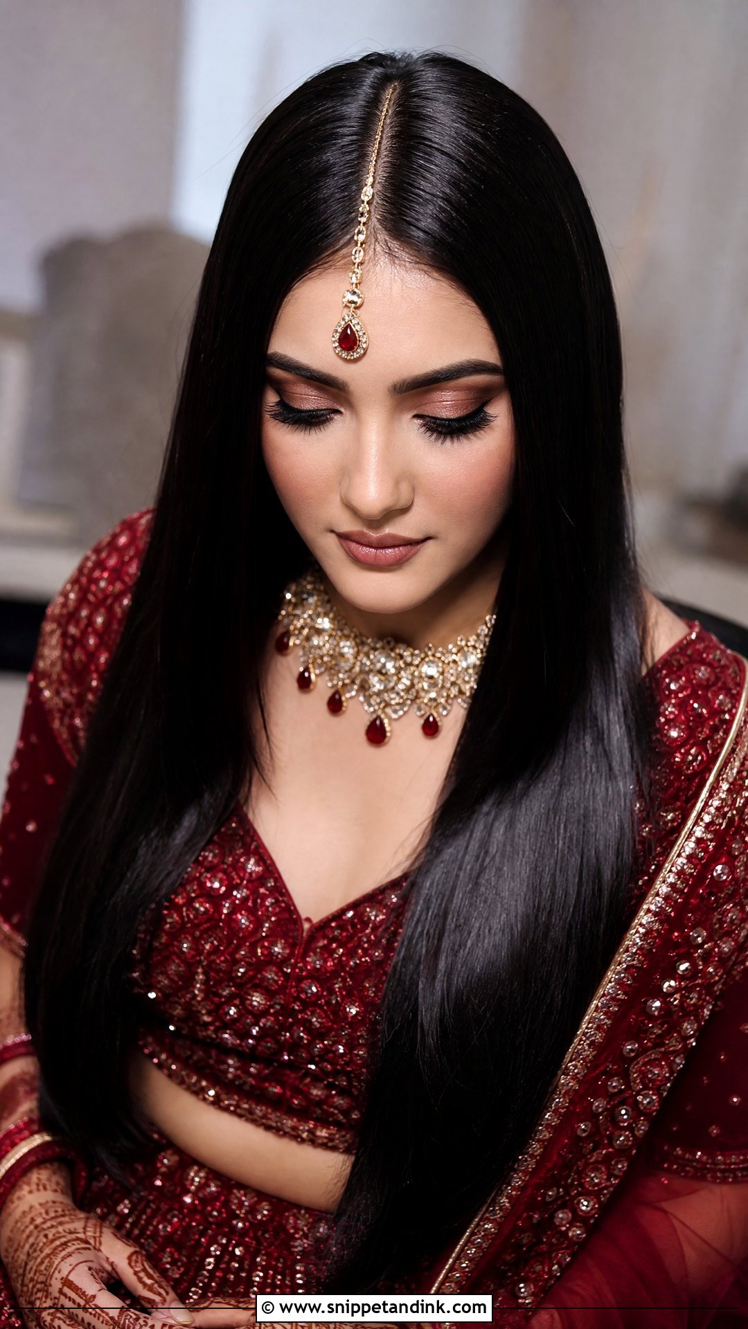 Sleek Center Part With Long Straight Hair - Snippet and Ink - 20 Barat Bridal Hairstyle Ideas