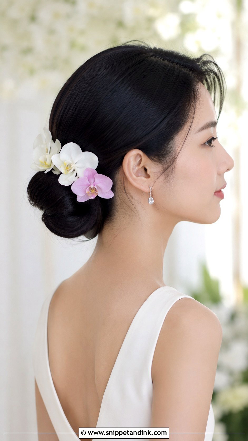Sleek Chignon With Orchids - Snippet and Ink - 25 Wedding Hairstyles with Flowers