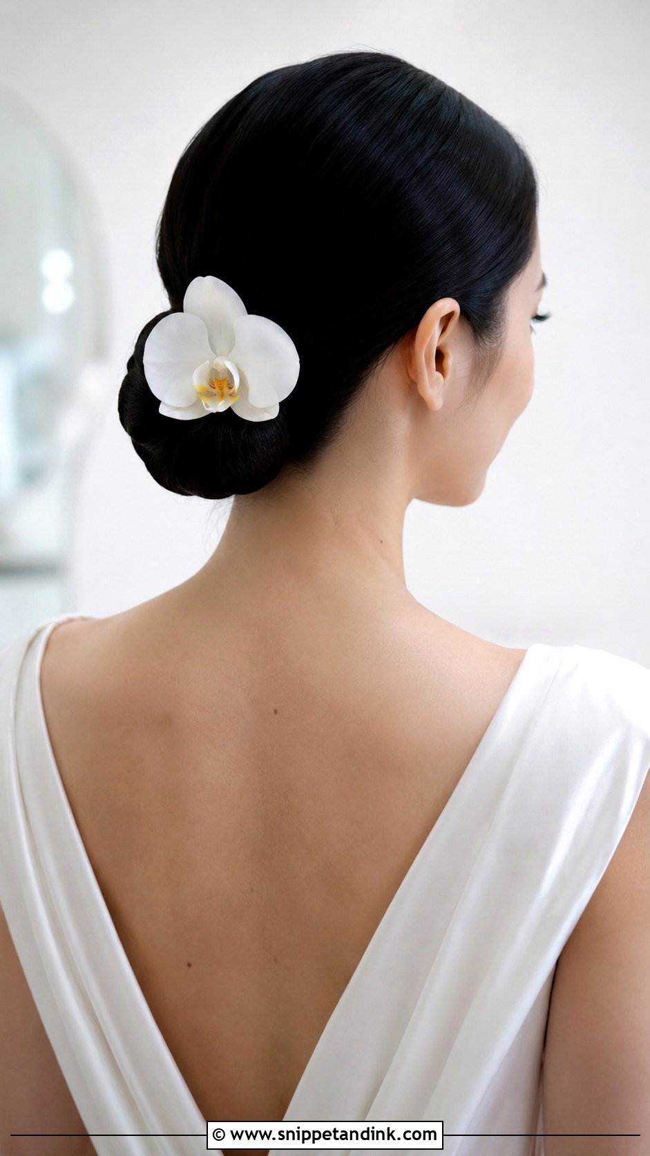 Sleek Chignon With a Single Orchid - Snippet and Ink - 25 Wedding Hair with Flowers