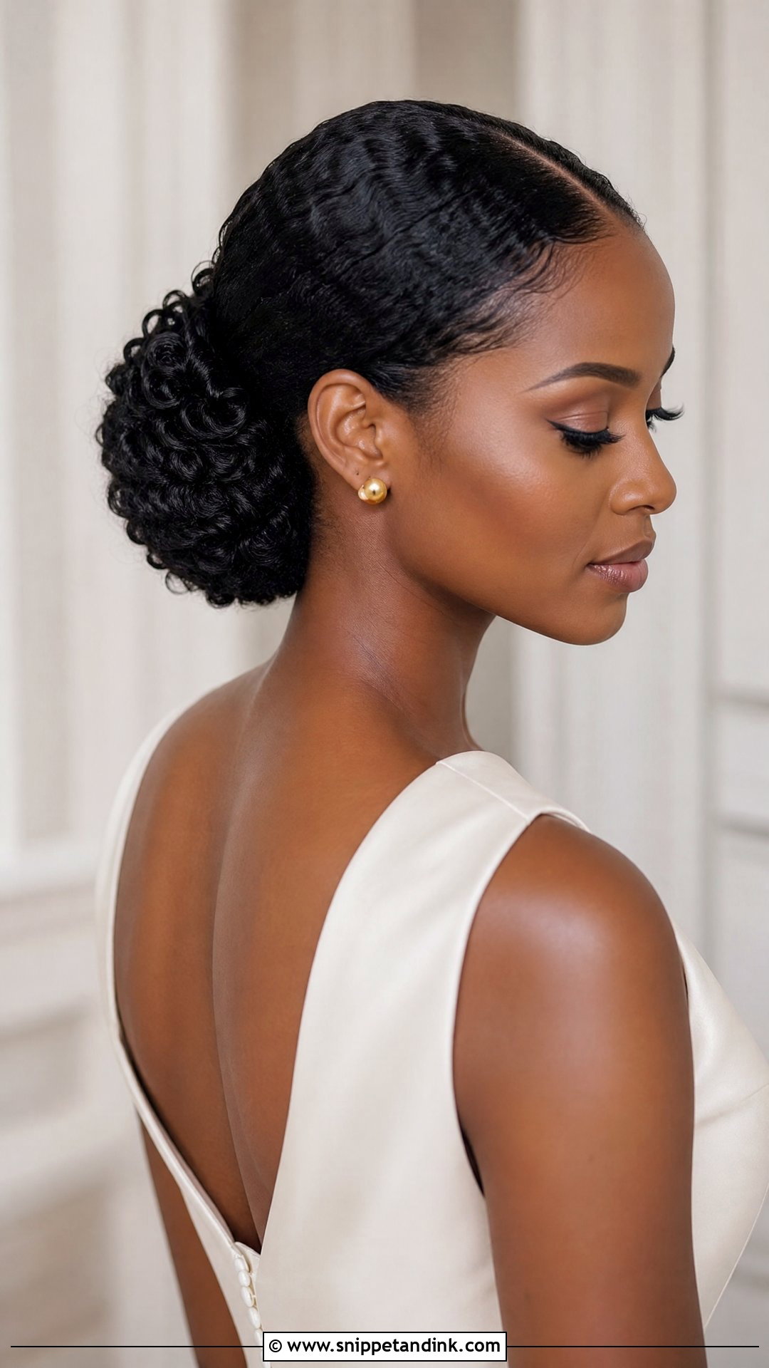 Sleek Curly Hair Wedding Bun - Snippet and Ink - 15 Curly Hair Bun Wedding Ideas