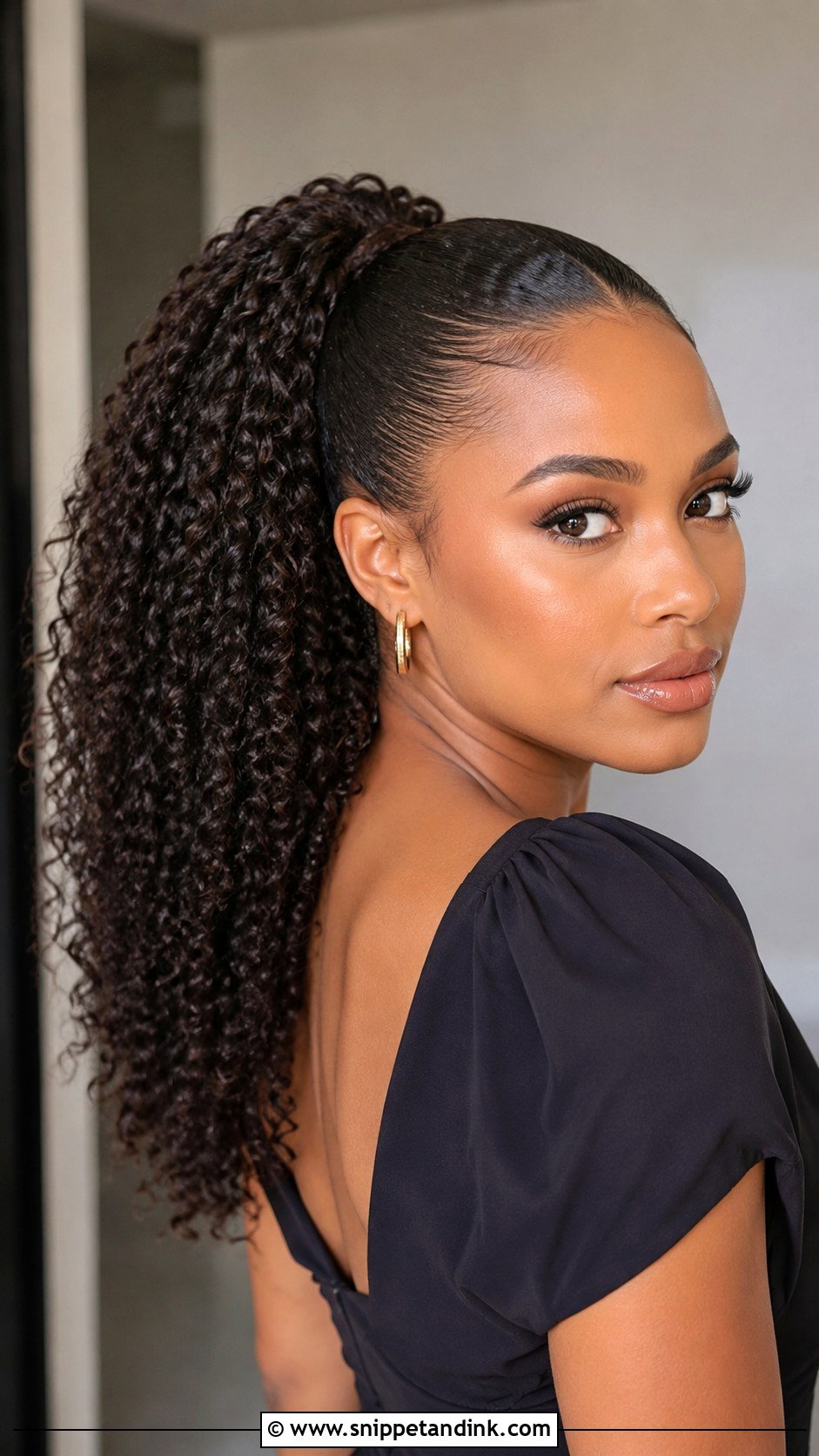 Sleek Curly Ponytail - Snippet and Ink - 25 Curly Hair Wedding Guest Styles