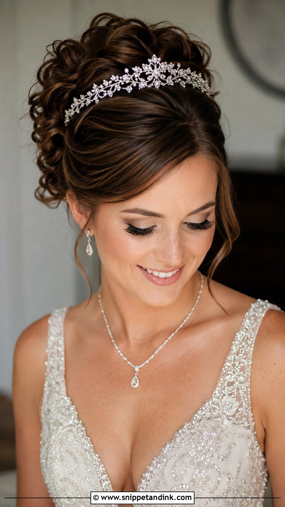 Sleek Curly Updo With Tiara - Snippet and Ink - 25 Curly Hair Bride Hairstyles