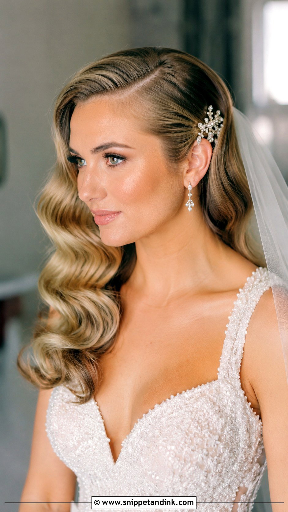 Sleek Deep Side Part Waves - Snippet and Ink - 20 Wedding Day Hair Down Ideas