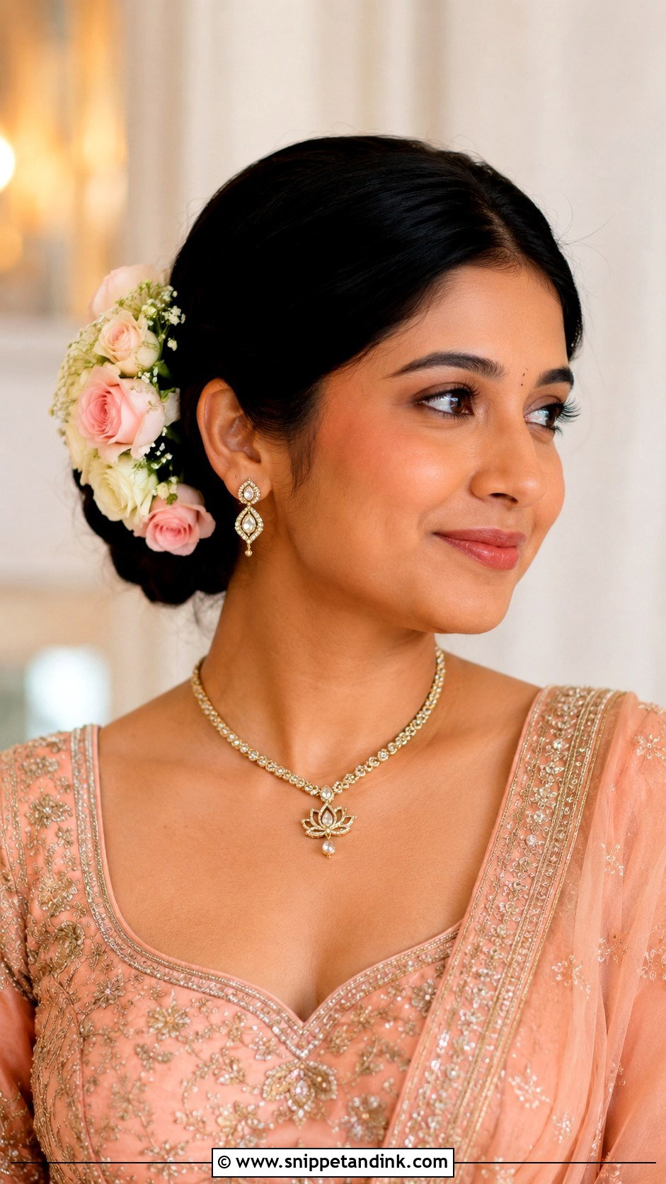 Sleek Floral Bun - Snippet and Ink - 15 Sleek Bun Indian Wedding Ideas