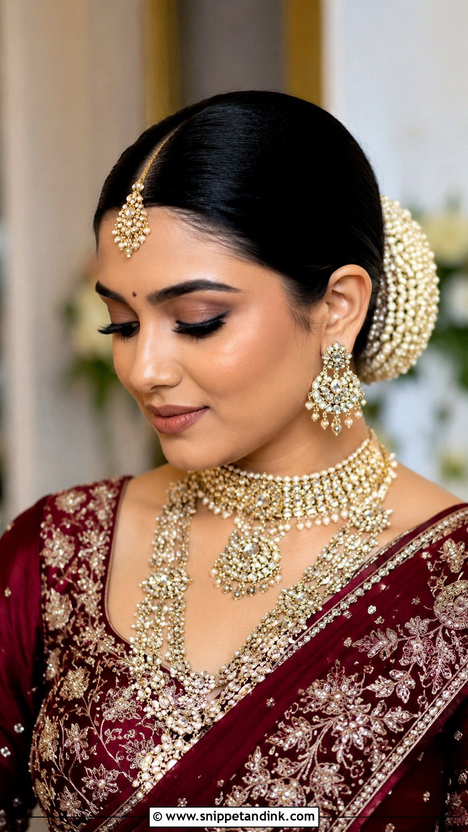 Sleek Front With Bun and Pearls - Snippet and Ink - 25 Indian Bridal Front Hairstyles