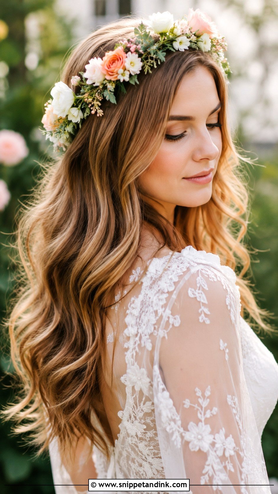 Sleek Hair With a Floral Crown - Snippet and Ink - 20 Sleek Bridal Hair Down Ideas