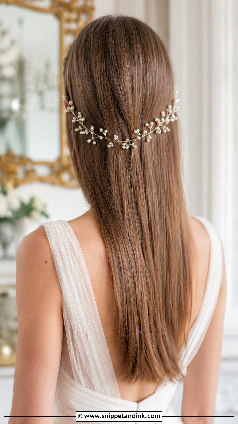 Sleek Hair With a Pearl Hair Vine - Snippet and Ink - 20 Sleek Wedding Hair Down Ideas