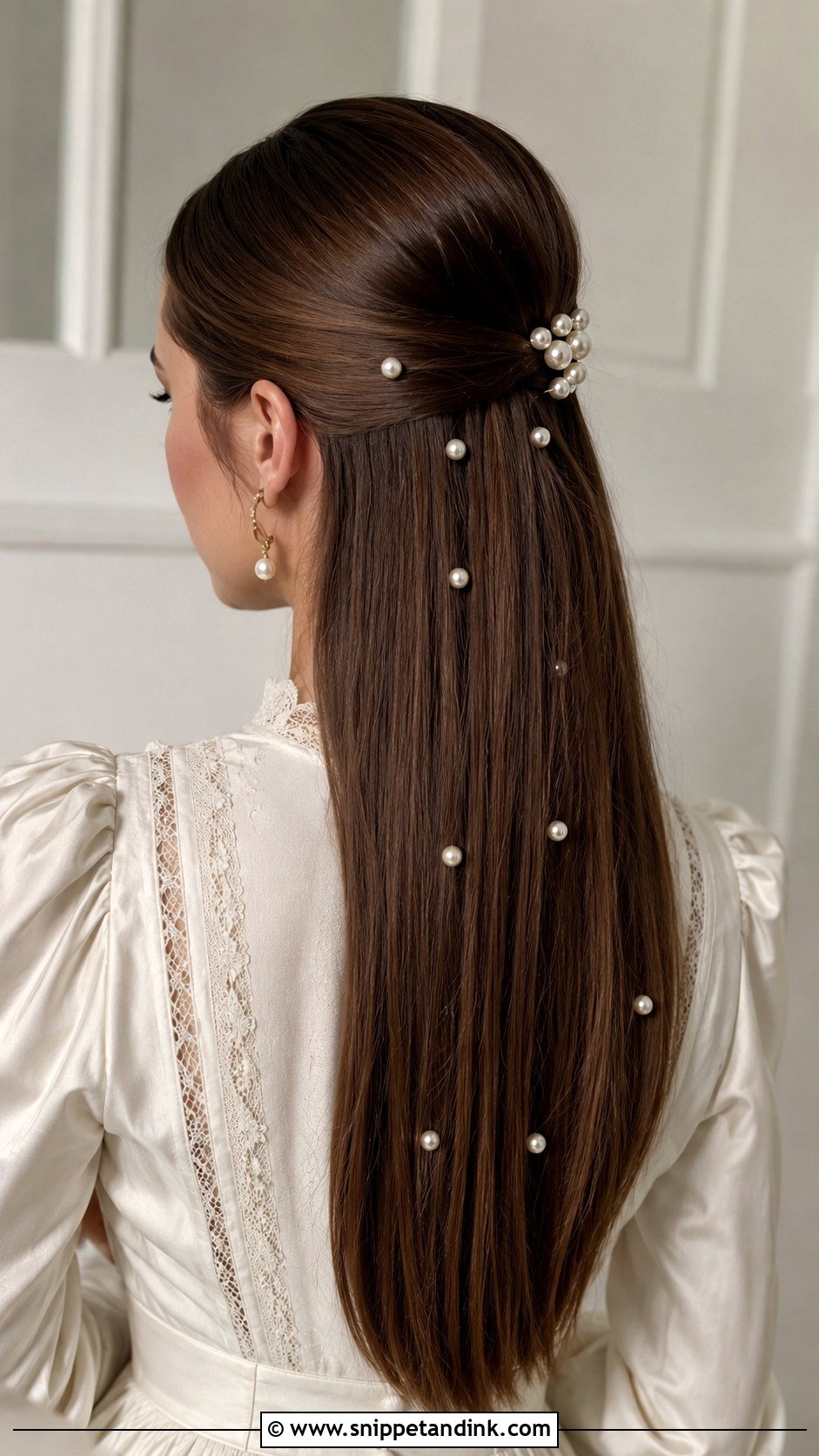 Sleek Hair With a Pearl Hairpiece - Snippet and Ink - 20 Sleek Bridal Hair Down Ideas