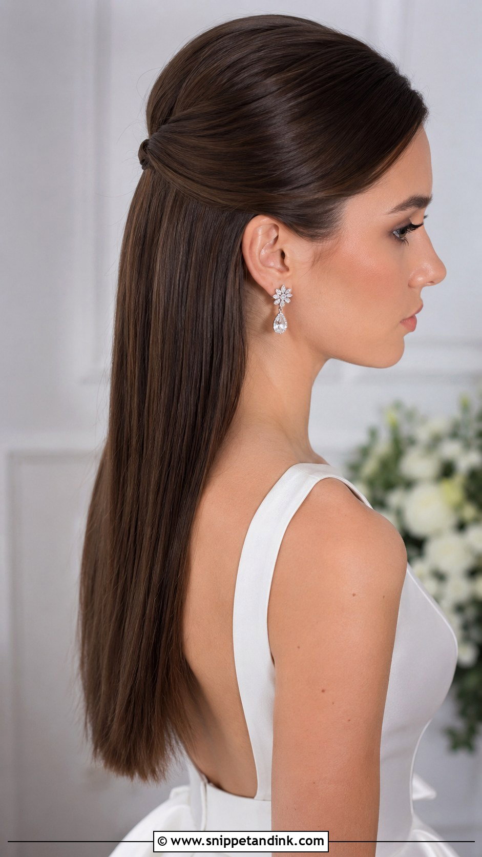 Sleek Half Ponytail With Straight Hair - Snippet and Ink - 20 Long Brunette Half-Up Half-Down Wedding Hair Ideas