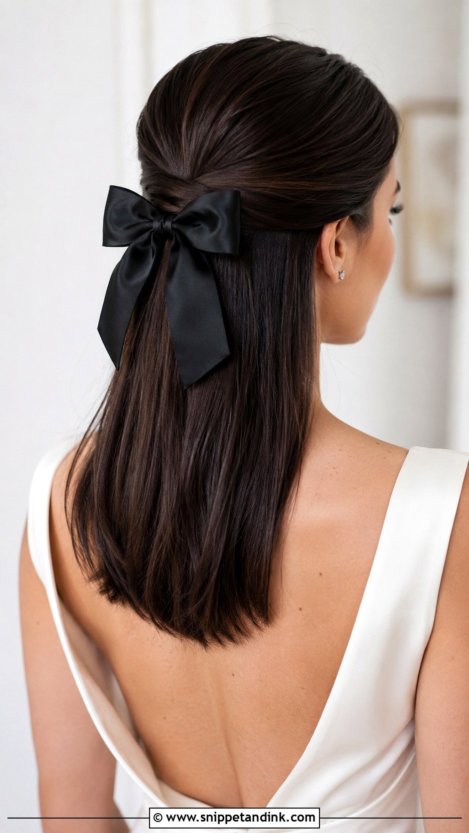 Sleek Half Up With Black Bow - Snippet and Ink - 20 Half-Up Half-Down Wedding Hair with Bow Ideas