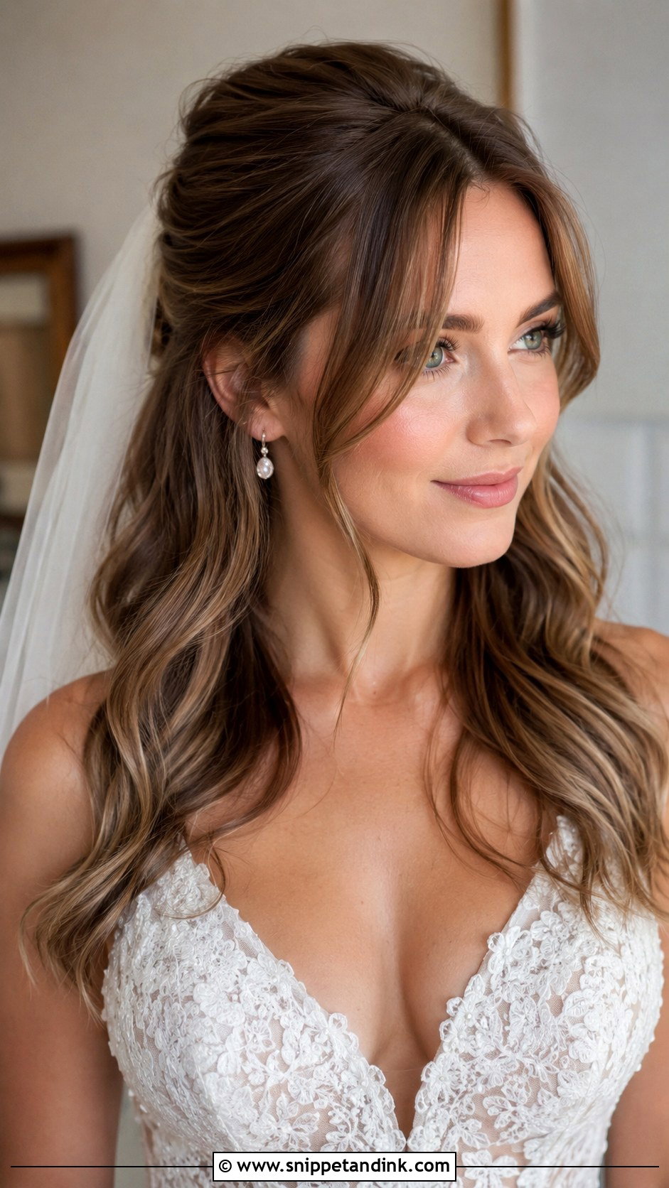 Sleek Half Up With Curtain Bangs - Snippet and Ink - 25 Sleek Half-Up Half-Down Wedding Hair Ideas