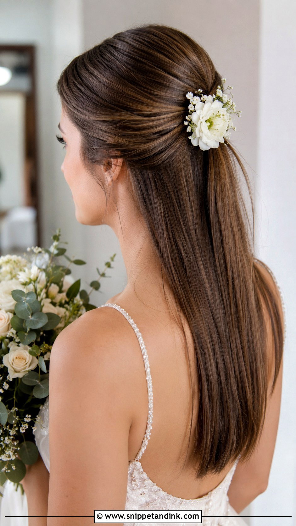 Sleek Half Up With Floral Hair Clip - Snippet and Ink - 25 Sleek Half-Up Half-Down Wedding Hair Ideas