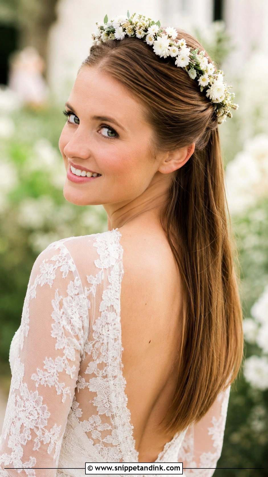 Sleek Half Up With Flower Crown - Snippet and Ink - 25 Sleek Half-Up Half-Down Wedding Hair Ideas